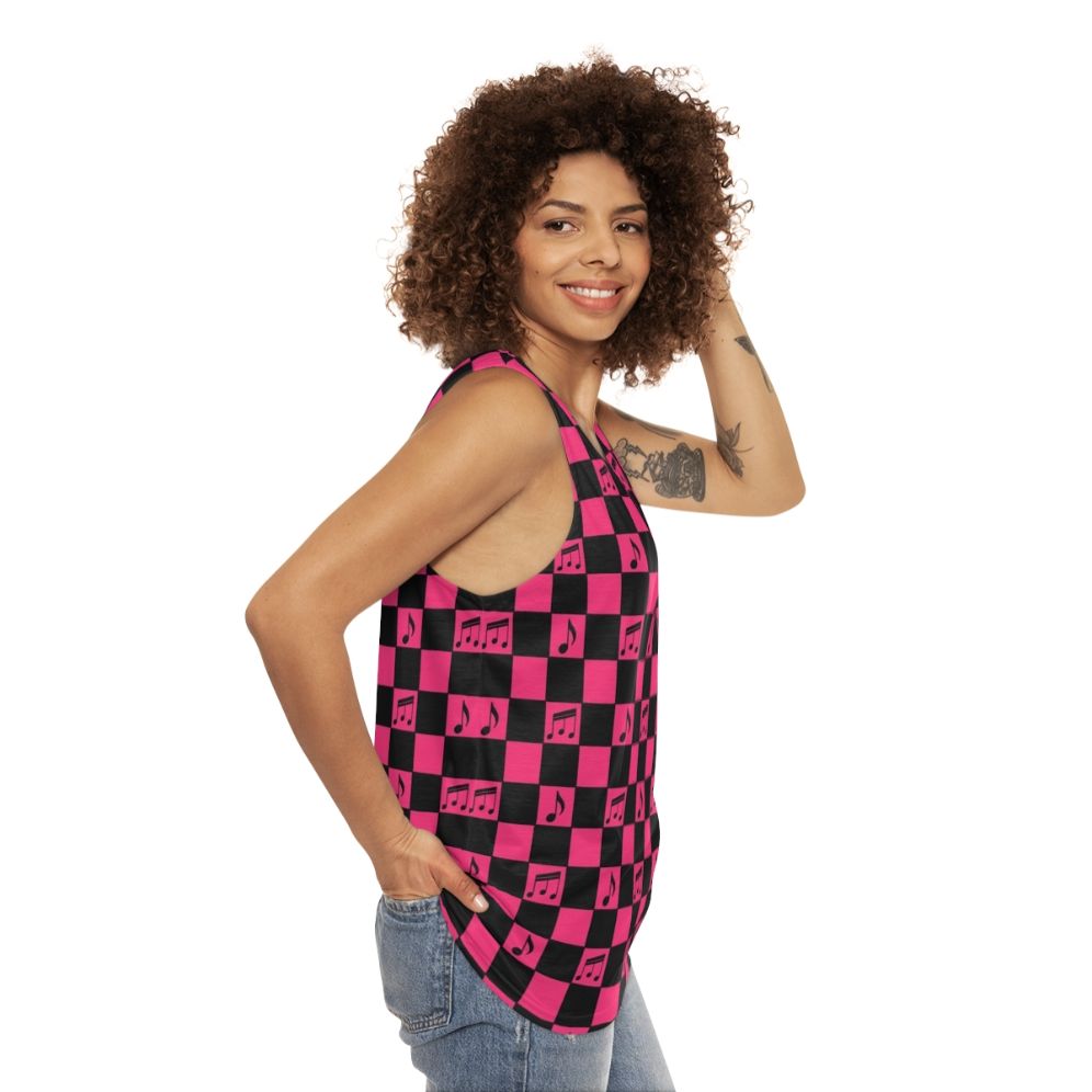 Retro checkerboard pattern unisex tank top with music notes - women side