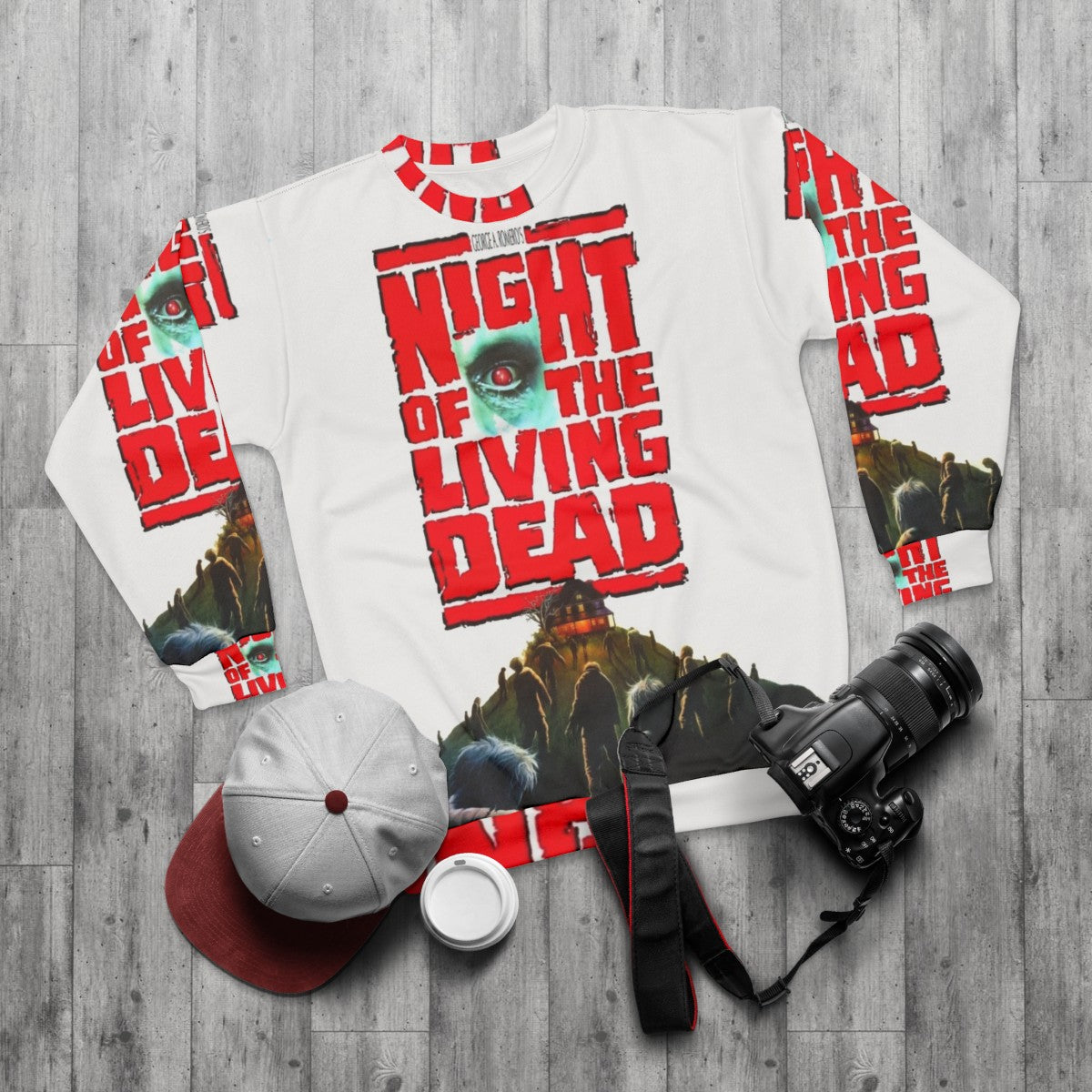 Night of the Living Dead Sweatshirt with Zombie and Horror Imagery - flat lay