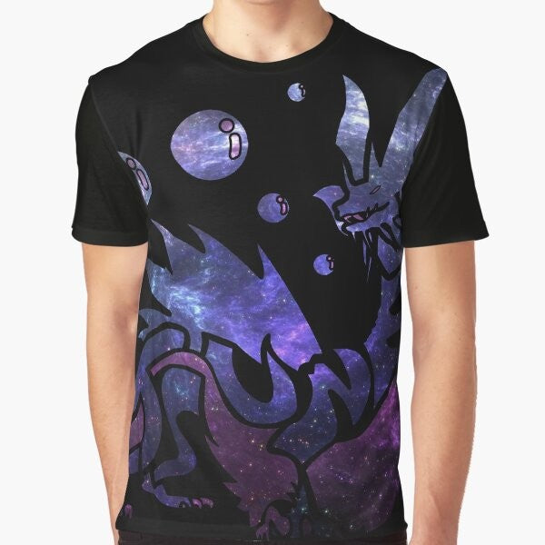 Minimalist graphic t-shirt featuring the Mizutsune monster from Monster Hunter World set against a galaxy background