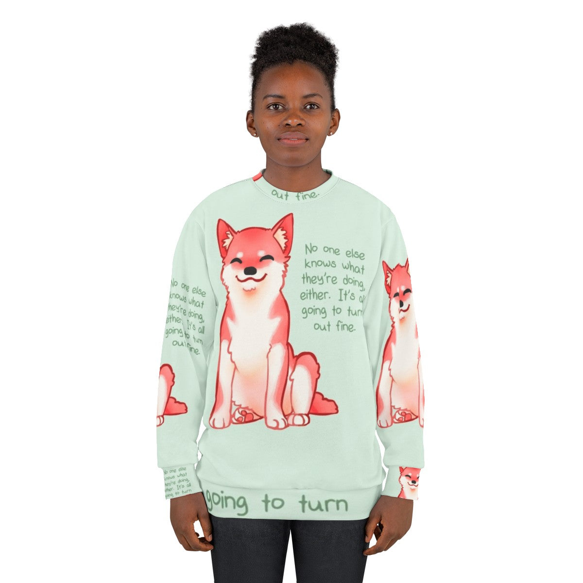 "Shiba Inu wearing a 'No One Knows' motivational sweatshirt" - women