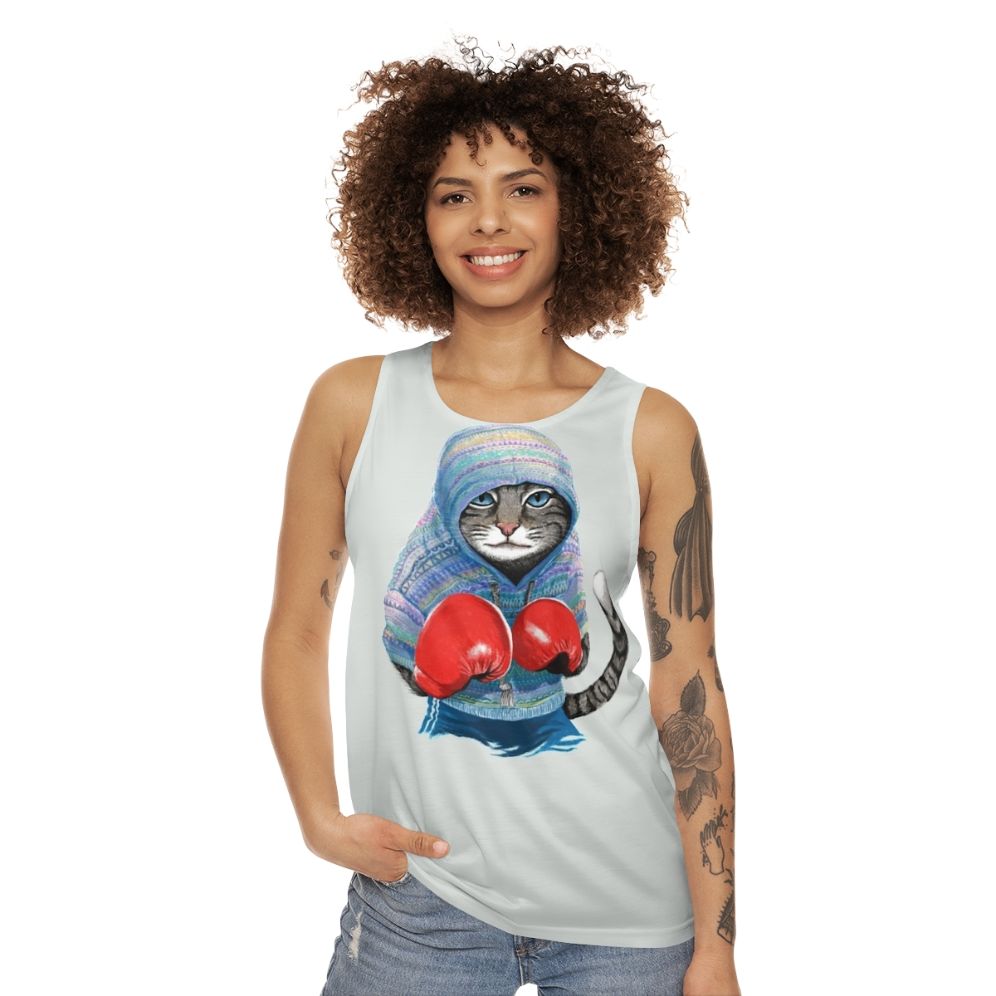 Unisex boxing cat tank top with cute animal pattern design - women