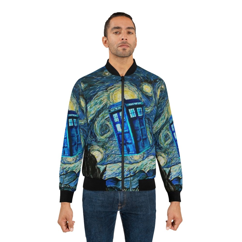 Bomber jacket with a design featuring a blue British phone box, inspired by the Doctor Who TV series. - Lifestyle