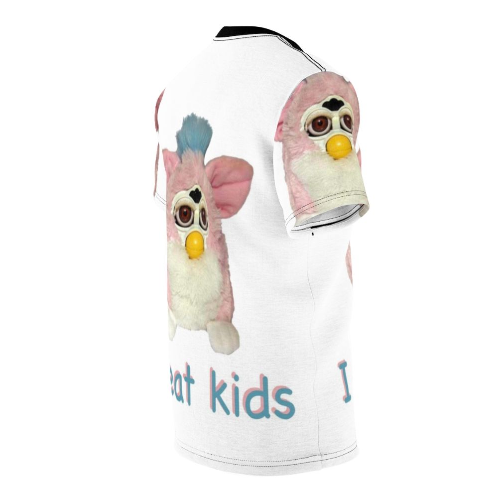 Graphical t-shirt design featuring a cursed Furby character with the text "I Eat Kids" - men right