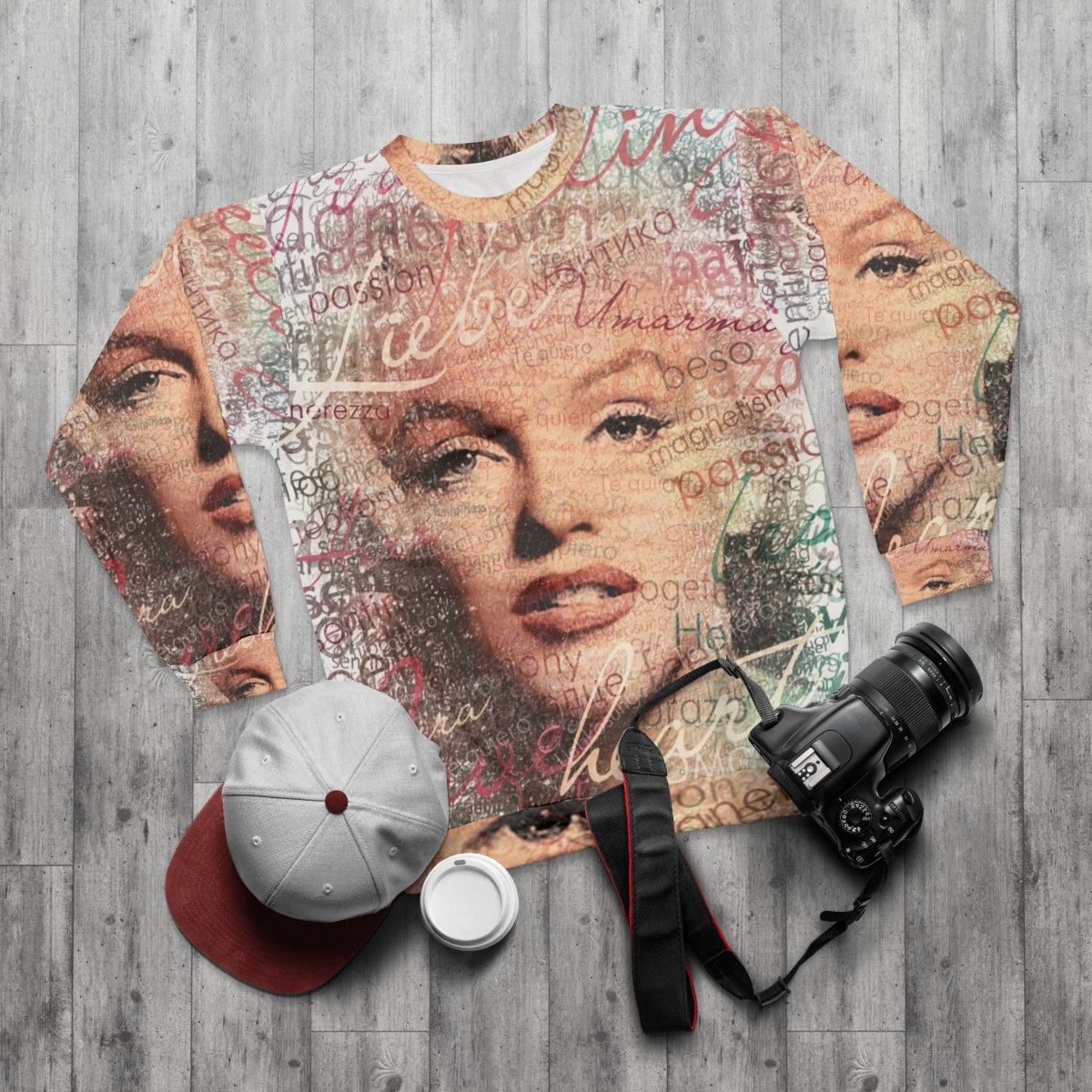 Marilyn Monroe Words Portrait Sweatshirt - flat lay