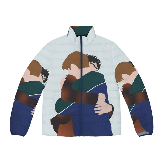 Heartstopper Nick and Charlie hug puffer jacket, featuring the two main characters from the Netflix series