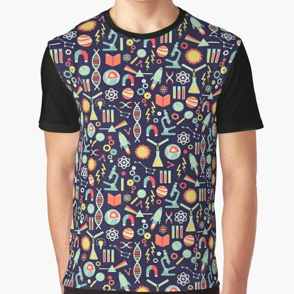 Science Studies Graphic T-Shirt featuring a colorful damask pattern with laboratory equipment symbols like beakers and test tubes.