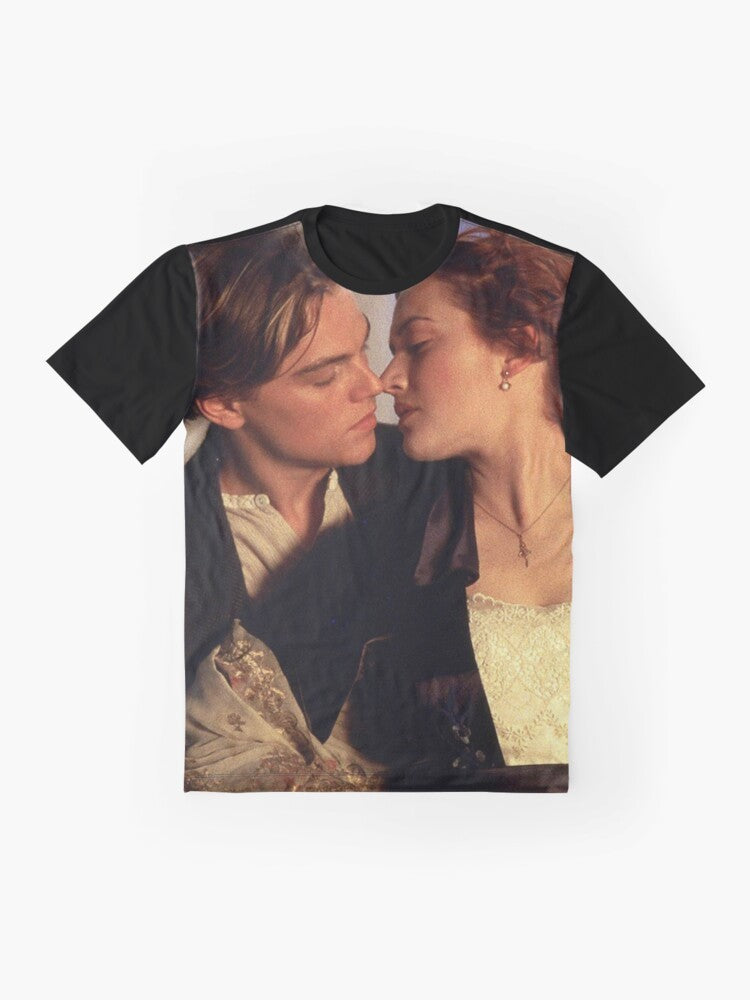 Graphic t-shirt featuring the iconic characters Jack and Rose from the classic film 'Titanic' starring Leonardo DiCaprio and Kate Winslet. - Flat lay