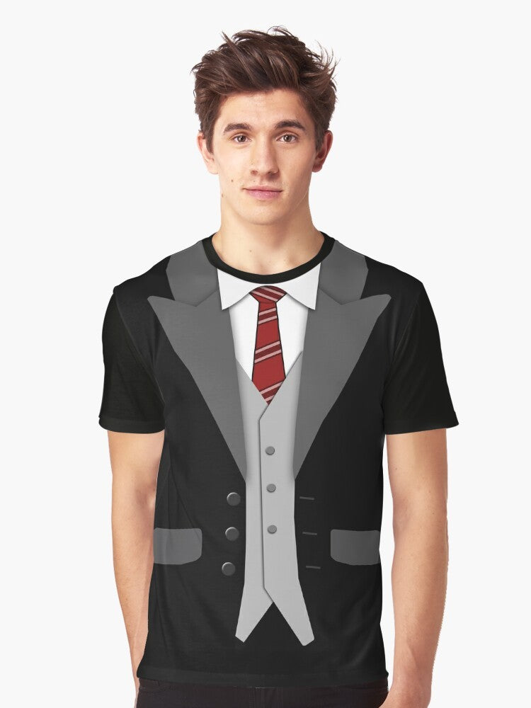 Black suit and red tie graphic t-shirt for formal occasions - Men