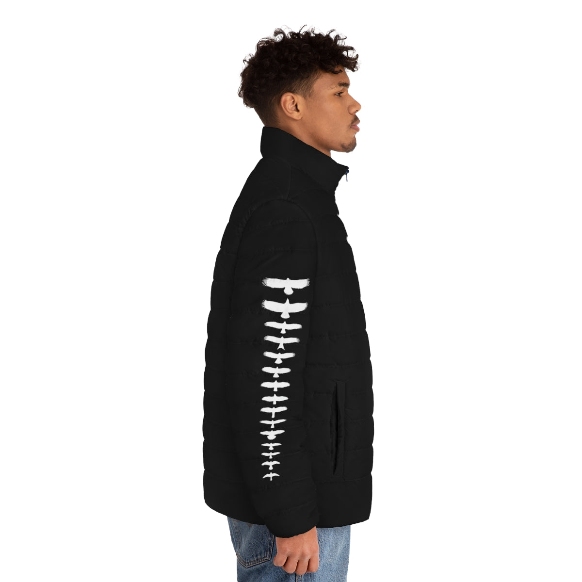 A white puffer jacket featuring silhouettes of various UK birds of prey, including eagles, hawks, and falcons. - men side right