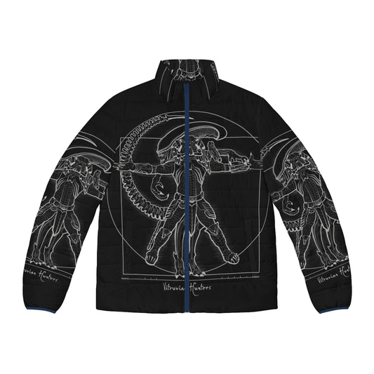 Vitruvian Hunters Negative Puffer Jacket featuring sci-fi inspired designs and references to classic movies