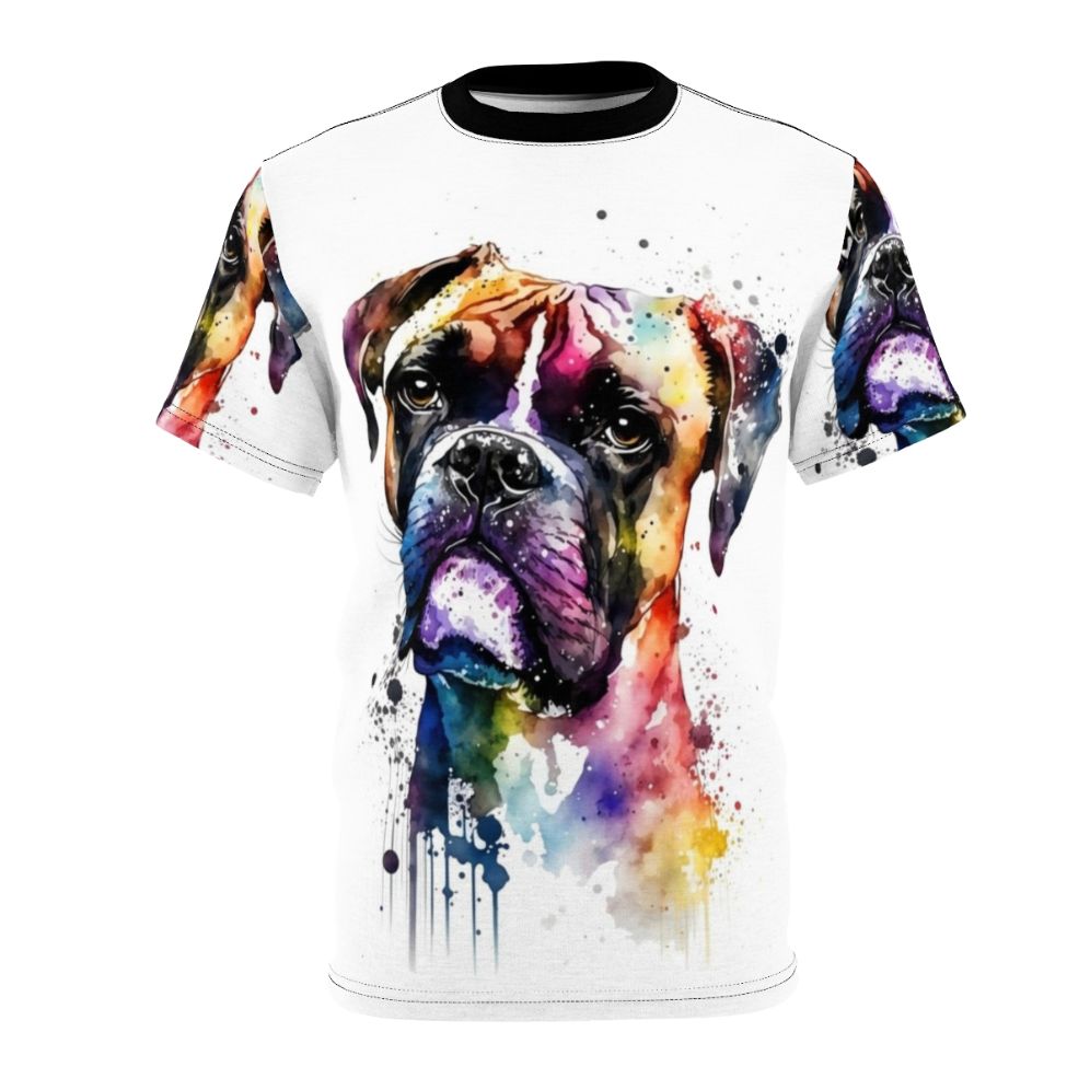 Colorful watercolor painting of a boxer dog's face on a t-shirt