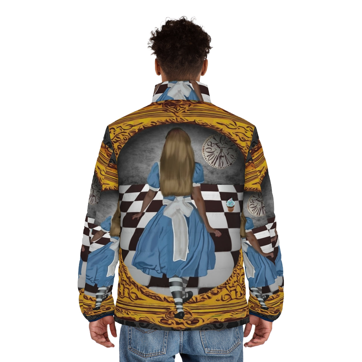 Model wearing a blue and gold puffer jacket with an alice in wonderland inspired design - men back