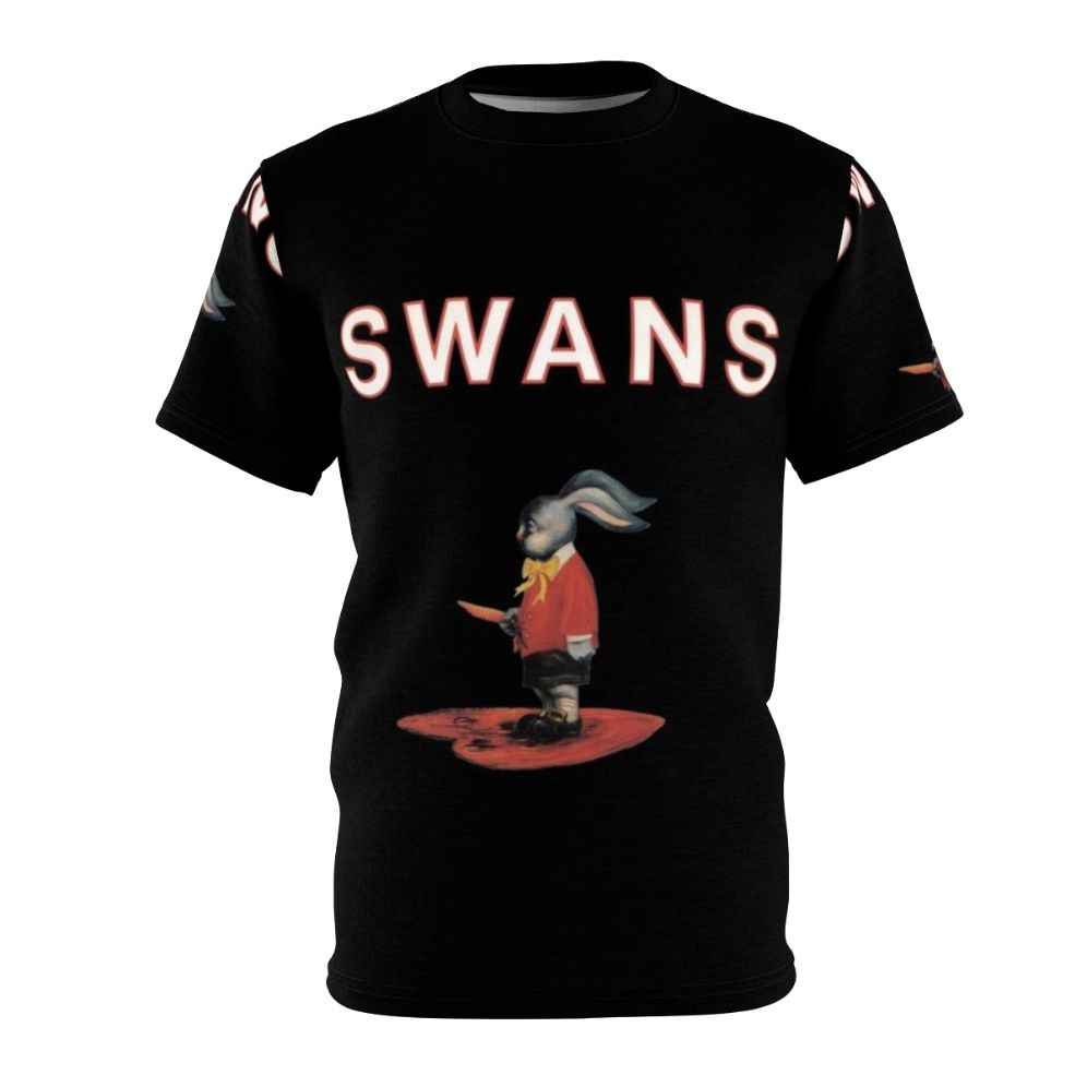 Unique swan-themed AOP t-shirt for alternative music enthusiasts