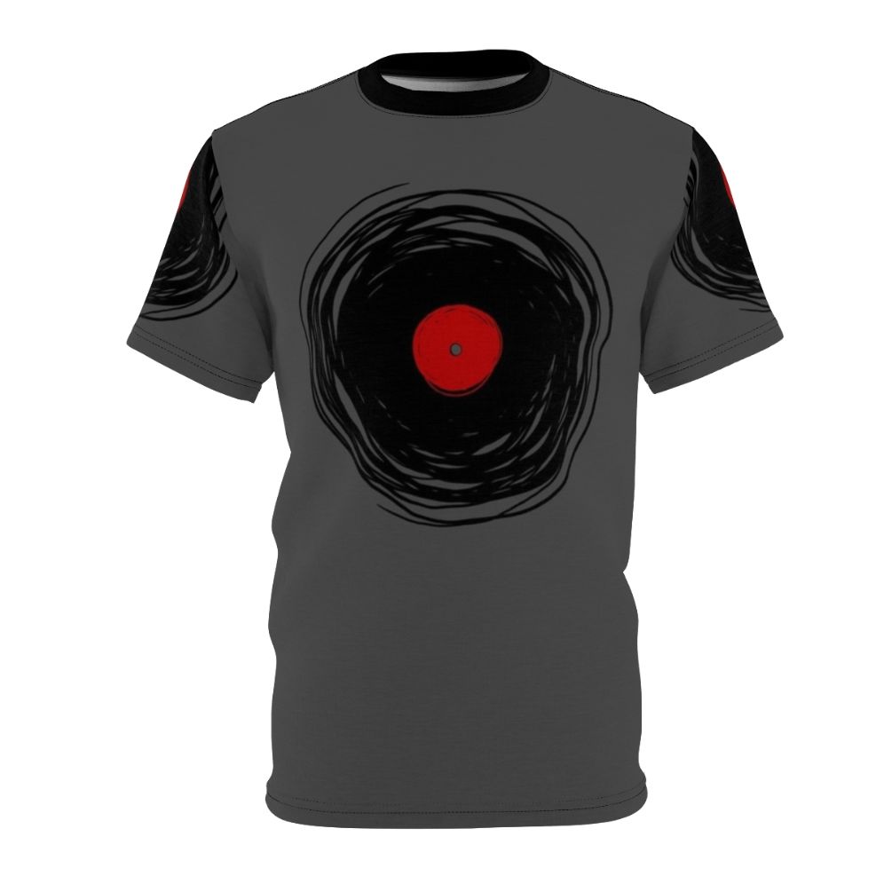 A t-shirt design featuring a spinning vinyl record with a grunge, vintage style.