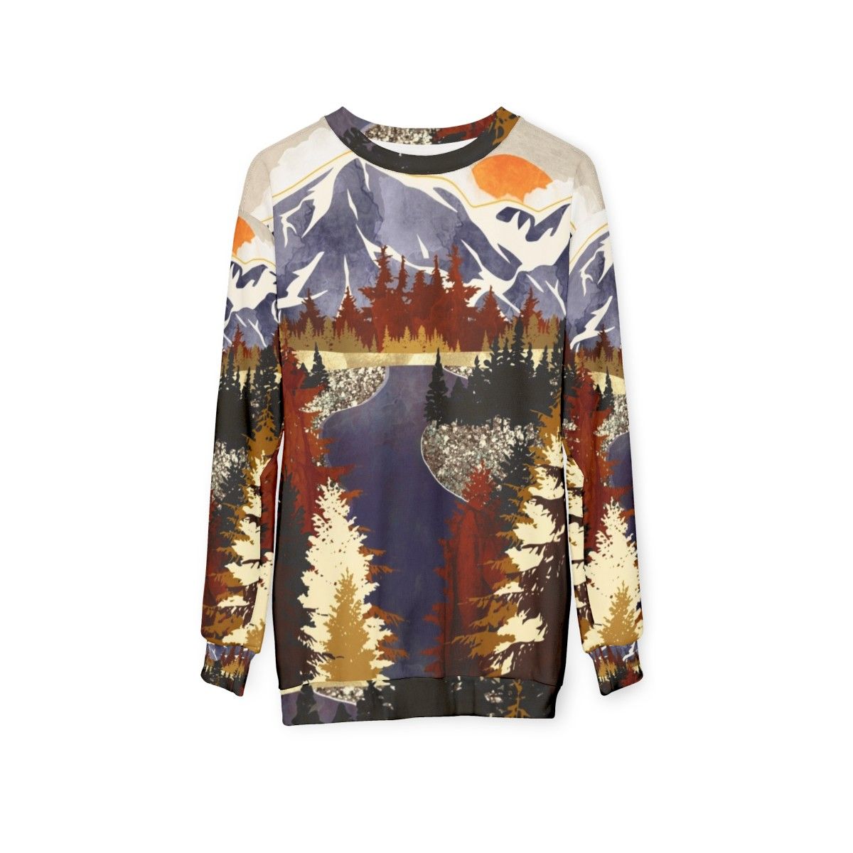 Autumn River Sweatshirt featuring a nature-inspired abstract design - hanging