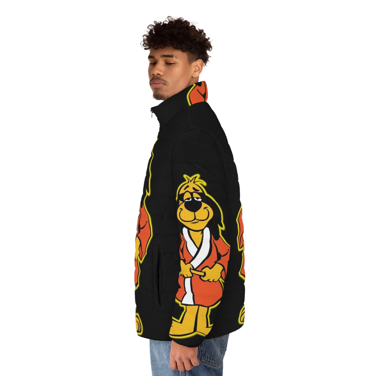 Hong Kong Phooey character wearing a black puffer jacket - men side left