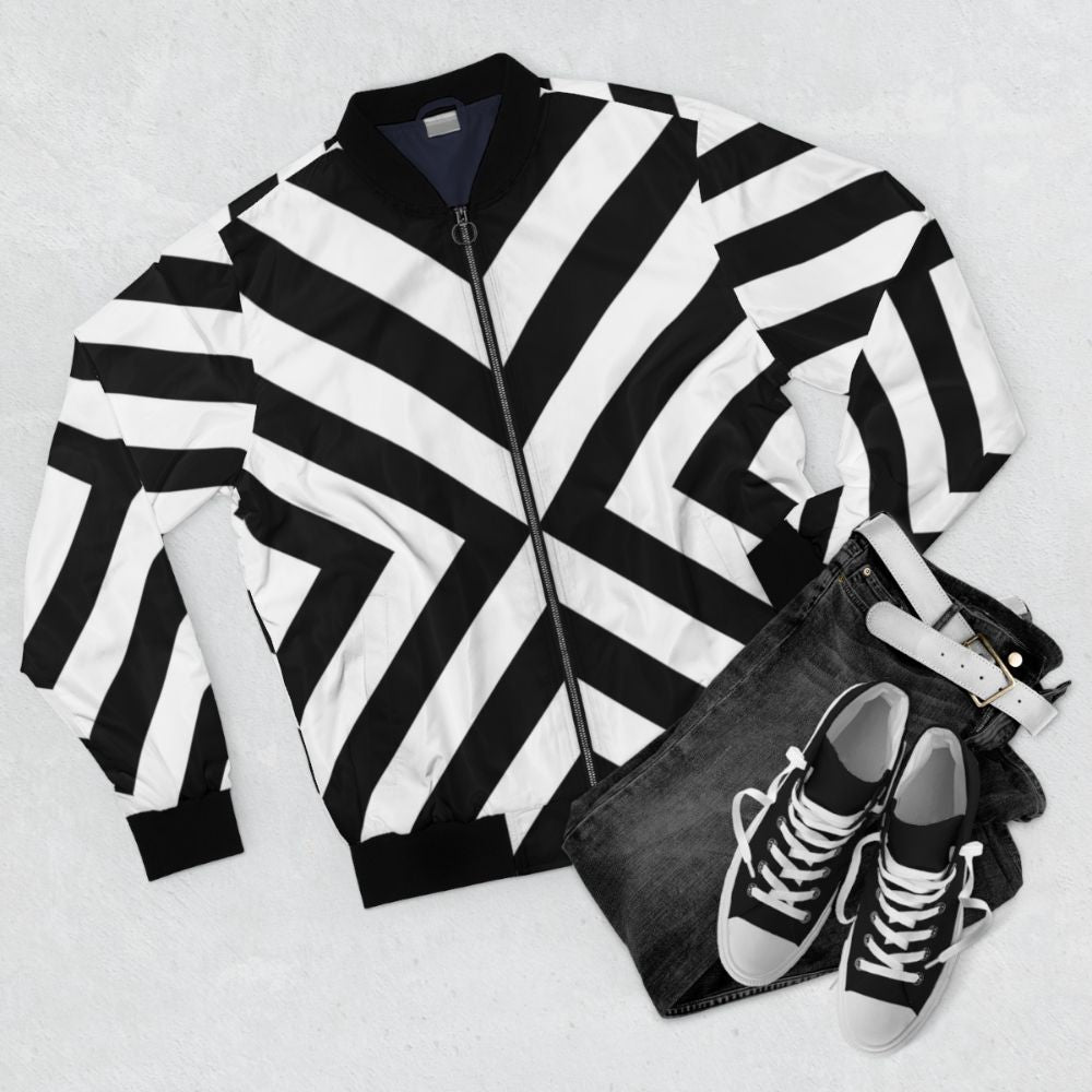 Black and white minimalist pattern bomber jacket - Flat lay