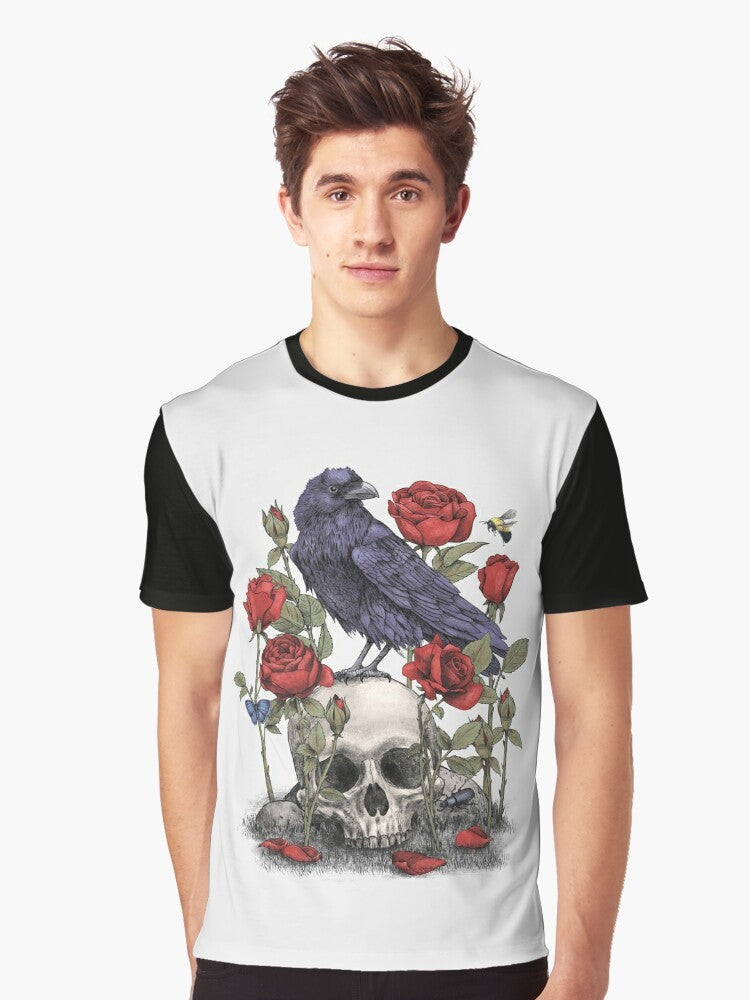 Memento mori graphic t-shirt featuring a raven, skull, and floral design by artist Terry Fan - Men