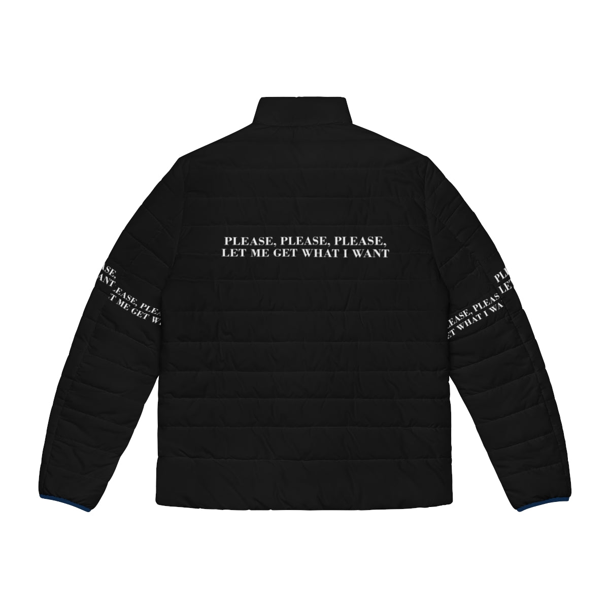 Minimalist puffer jacket with "Please Please Please Let Me Get What I Want" lyrics from The Smiths - Back