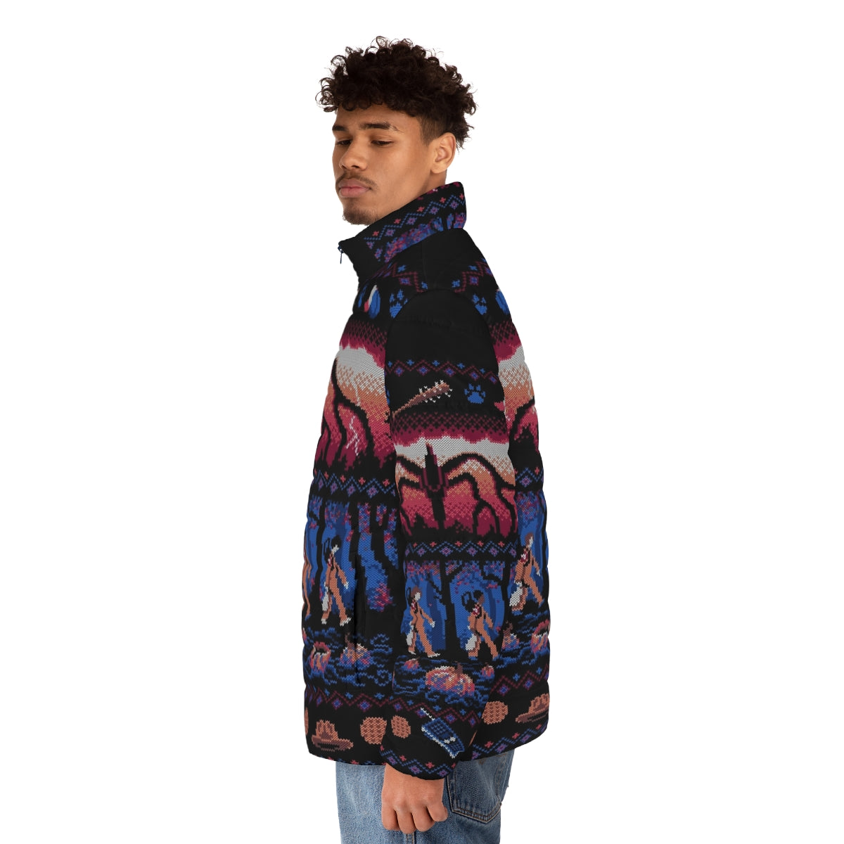 Stranger Things themed holiday puffer jacket with Mind Flayer design - men side left