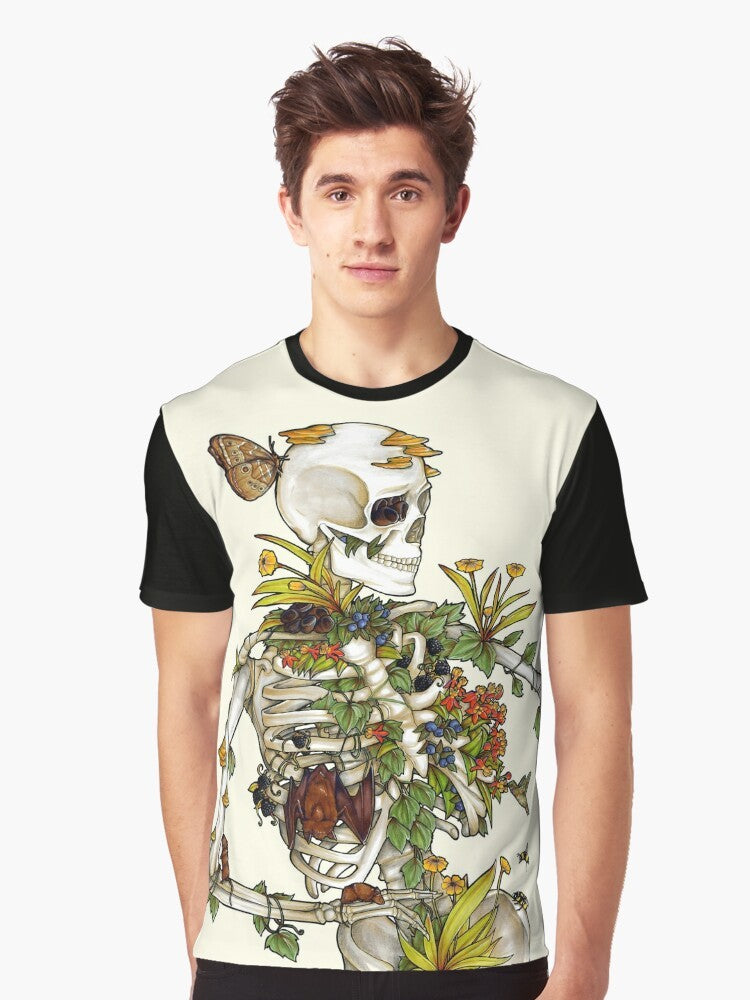 Bones and Botany Graphic T-Shirt featuring a skeleton design with plants, animals, and nature elements - Men