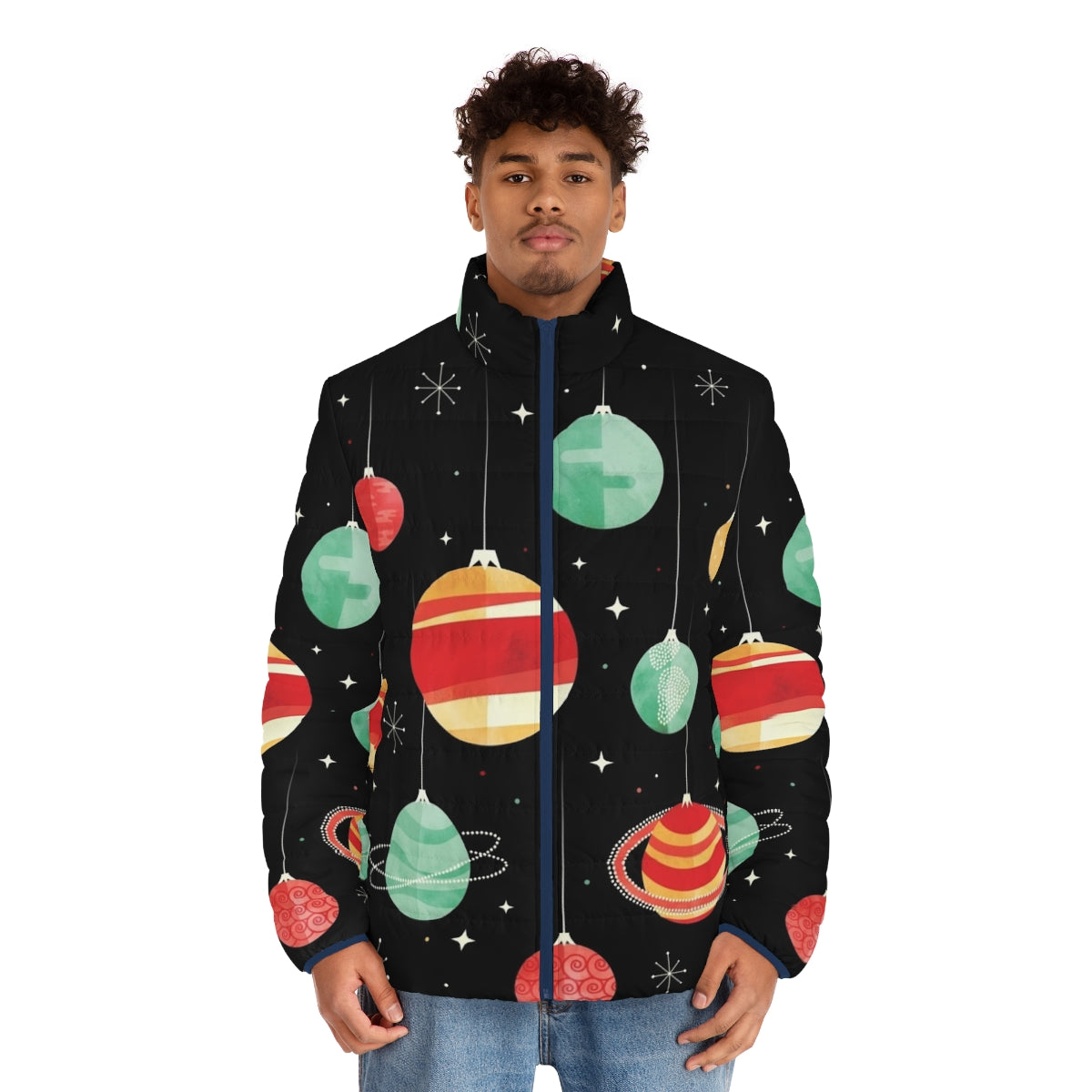 Puffer jacket with a vintage, celestial design featuring planets, stars, and the solar system - men front