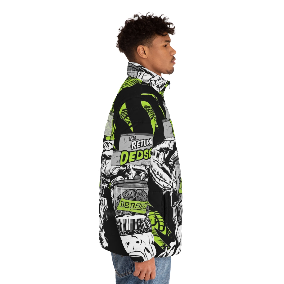 Dedsec logo printed puffer jacket with video game inspired pop art design - men side right