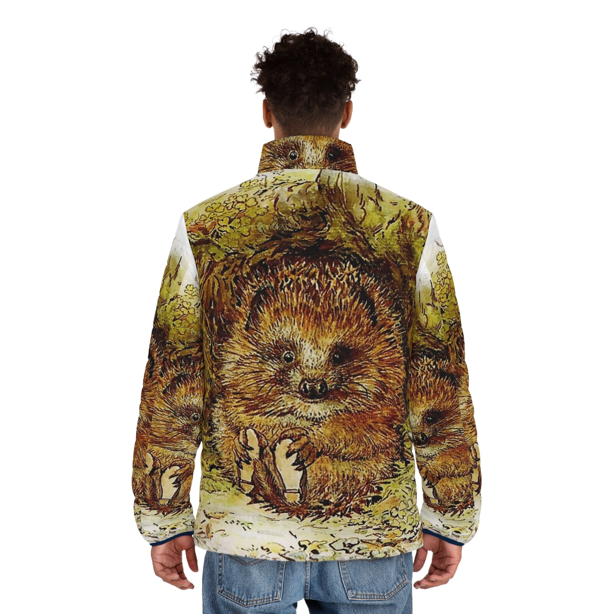 Beatrix Potter's Old Mr Pricklepin hedgehog character featured on a cozy puffer jacket - men back