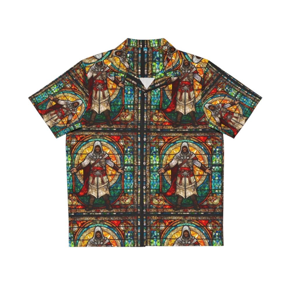 Assassin's Creed stained glass mosaic Hawaiian shirt with vibrant colors and iconic game character