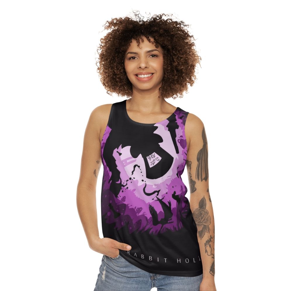 Unisex graphic tank top with Gotham City and Justice League design - women