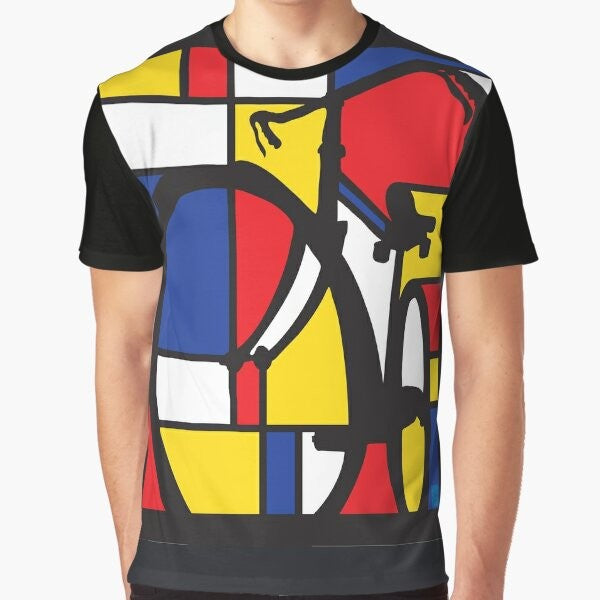 Mondrian inspired bicycle art graphic t-shirt featuring a vibrant, colorful design of a bicycle