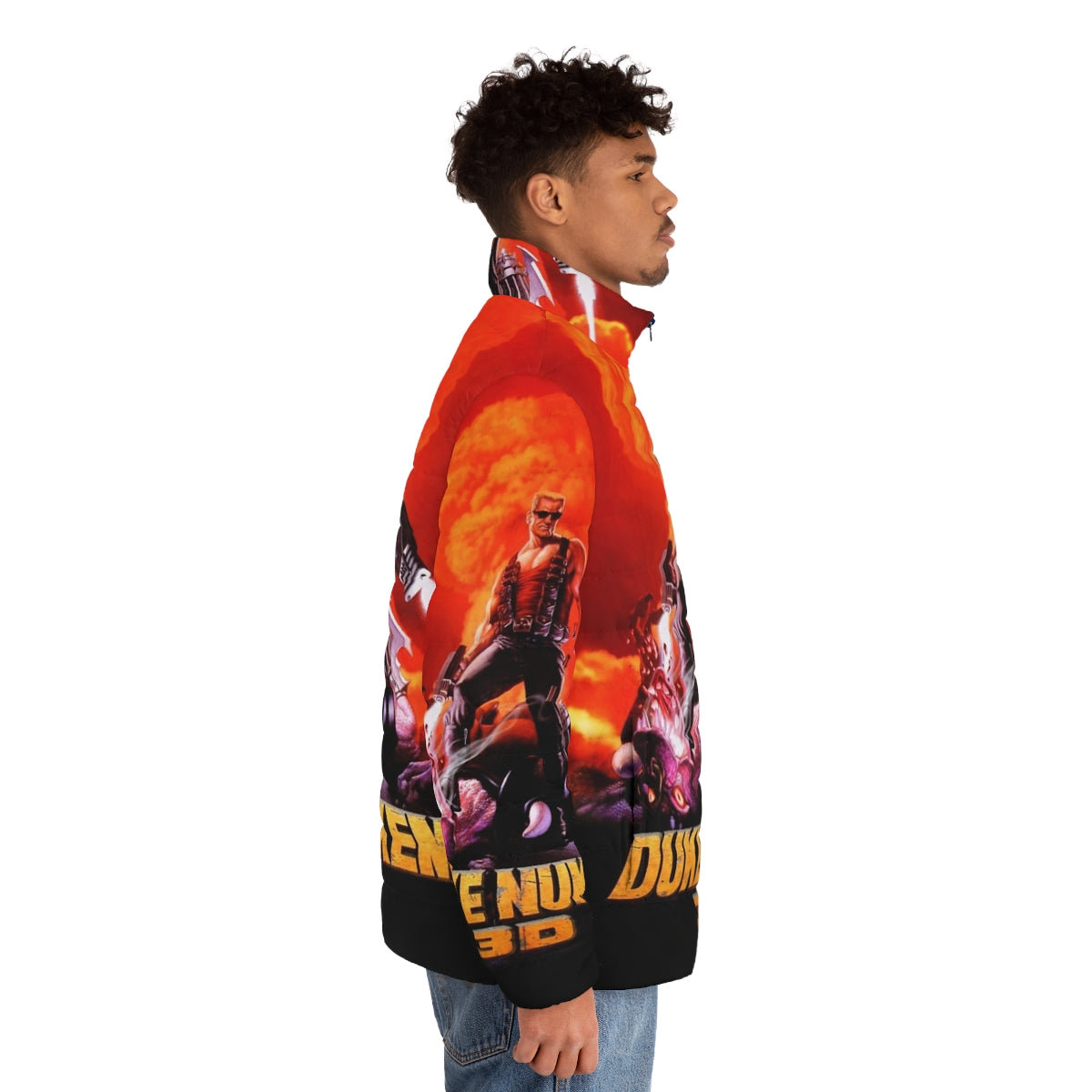 Duke Nukem 3D retro game print puffer jacket with high contrast graphics - men side right