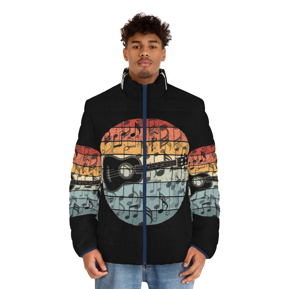 Retro puffer jacket with a ukulele player design - men front