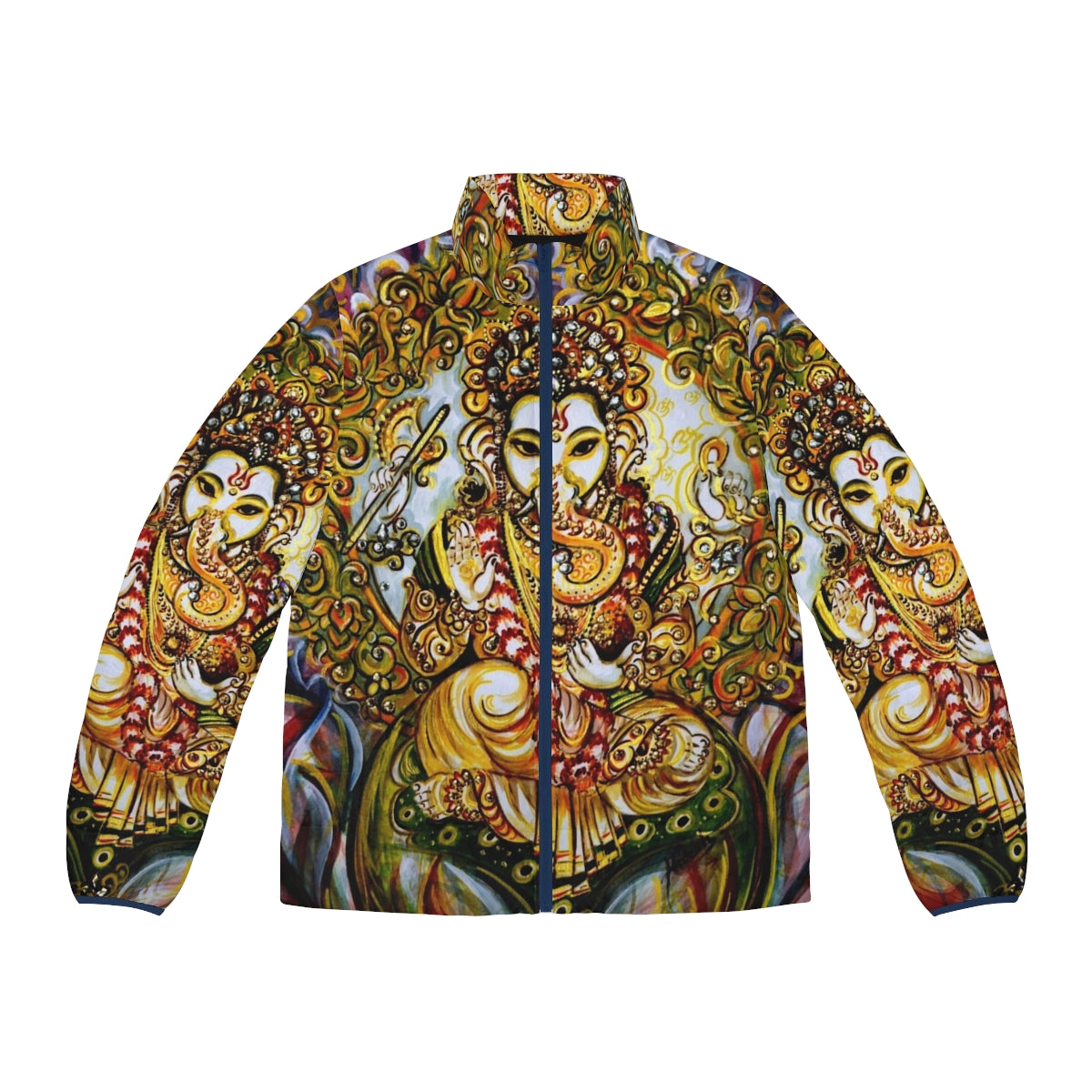 Lord Ganesha Puffer Jacket featuring the elephant god in a colorful, mythological design