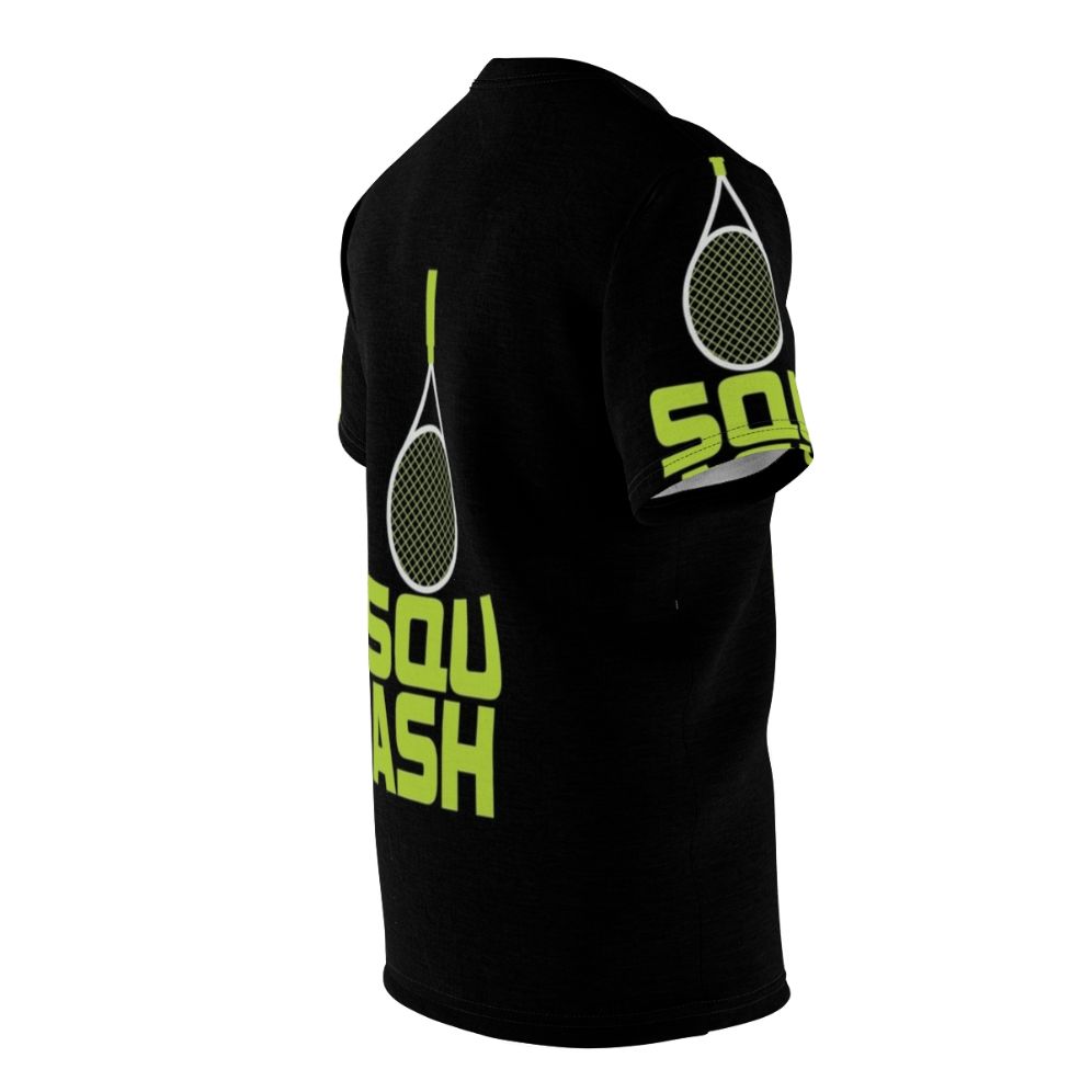 Squash racket and sports ball graphic printed on a high-quality t-shirt, perfect for squash and sports enthusiasts. - men right