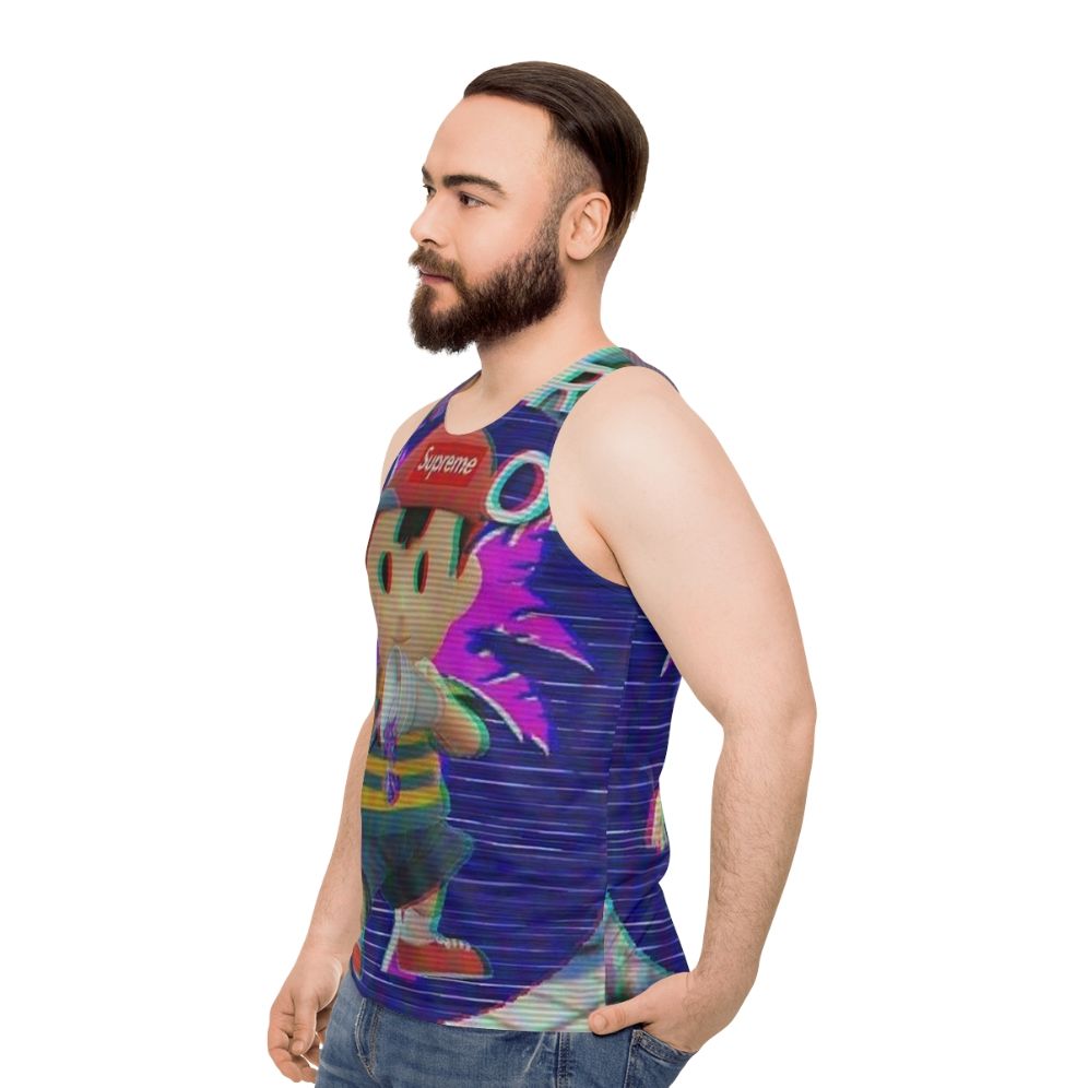 Unisex gaming tank top with retro Earthbound Ness design - men side