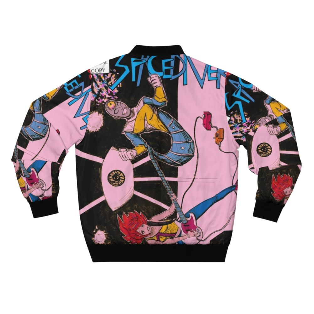 Punk girl power sci-fi space alien bomber jacket with red hair, pink, blue, and yellow colors - Back