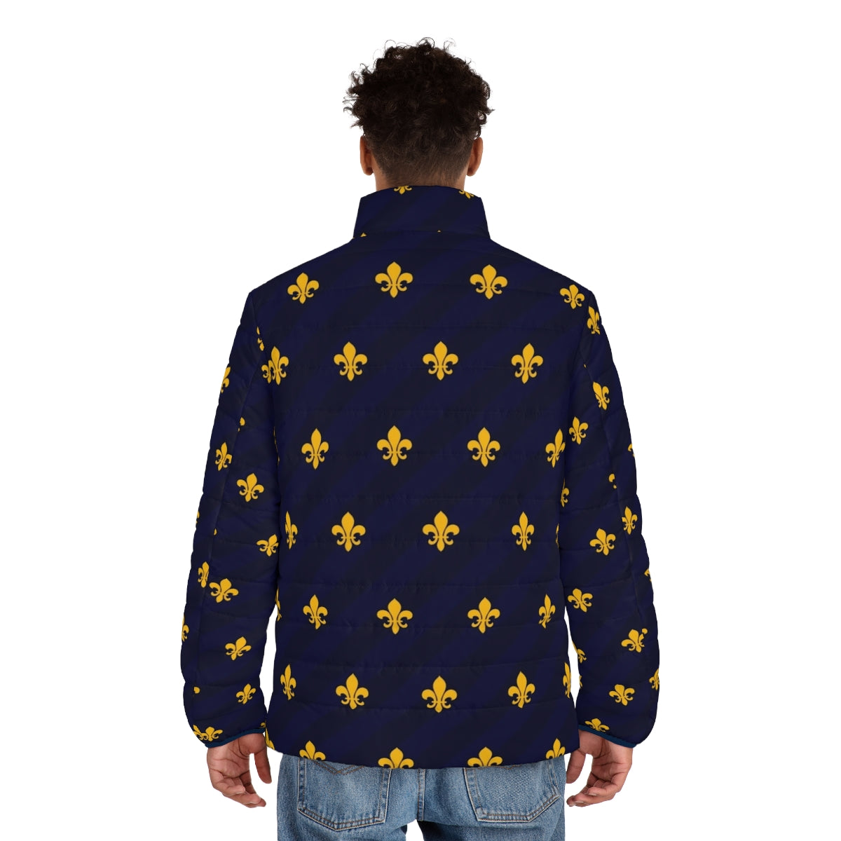 Fleur de Lys Gold and Blue Puffer Jacket, featuring the iconic French flower emblem - men back