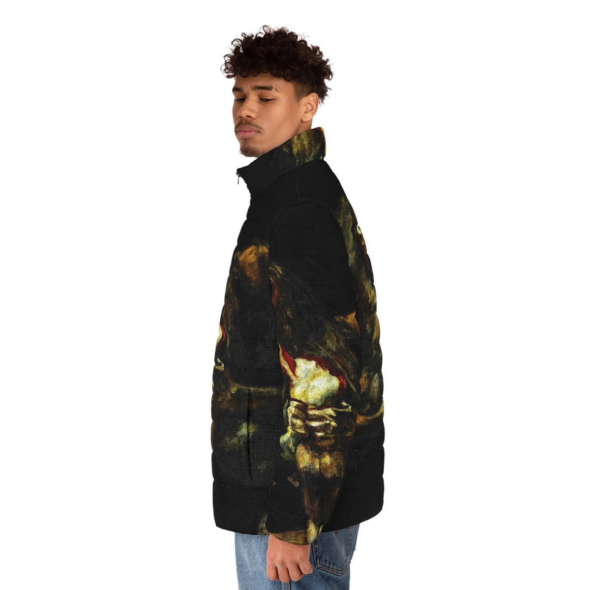 Puffer jacket featuring Francisco Goya's famous painting "Saturn Devouring His Son" - men side left