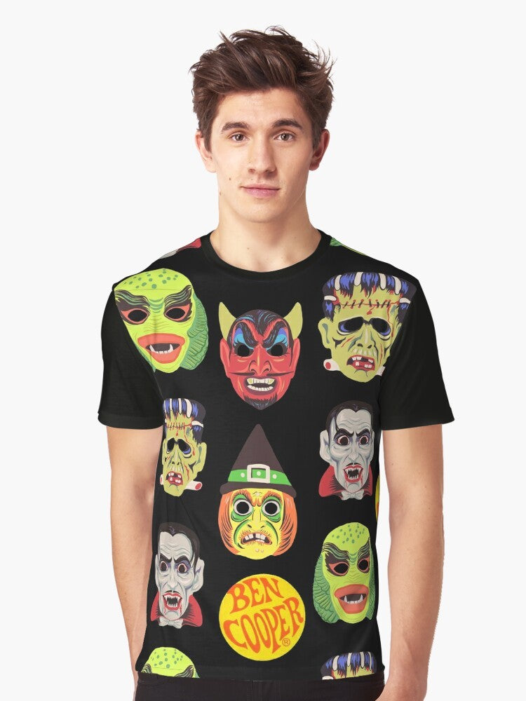 Vintage Halloween Masks Graphic T-Shirt with classic monster designs - Men