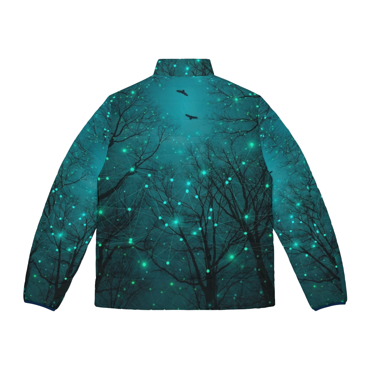 Puffer jacket featuring a glow-in-the-dark design of abstract tree silhouettes against a starry night sky - Back