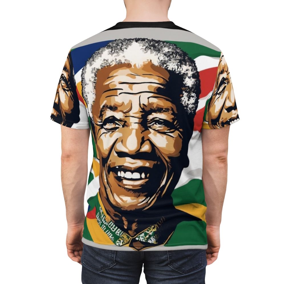 Reggae-style graphic t-shirt celebrating the legacy of Nelson Mandela, the iconic leader from South Africa. - men back