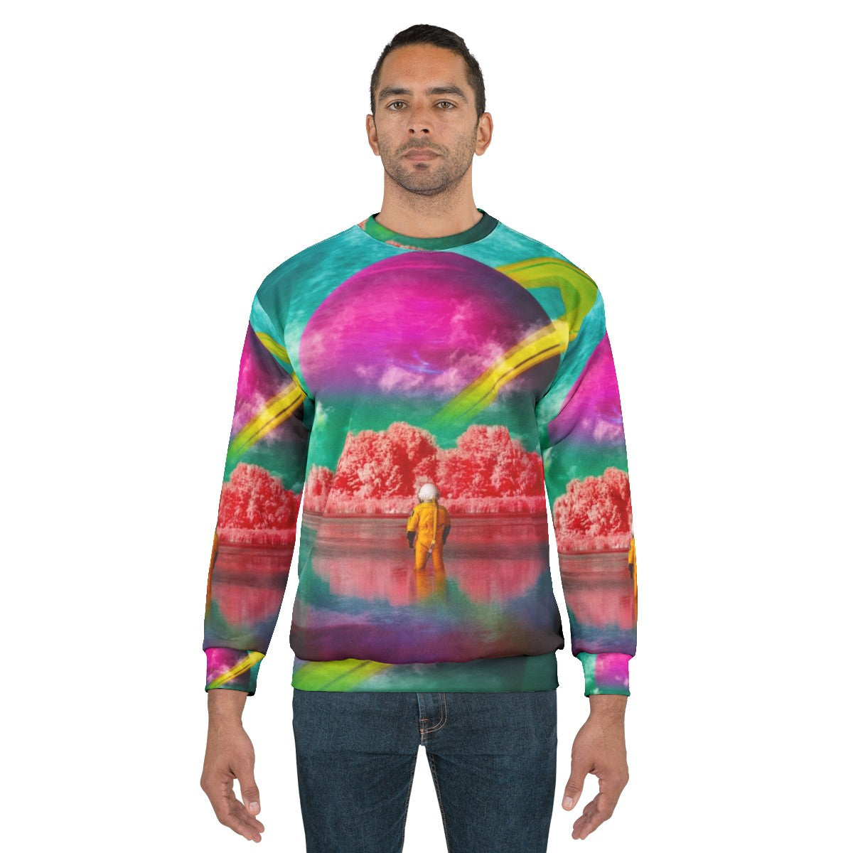 Surreal digital art sweatshirt with river and astronaut design - men