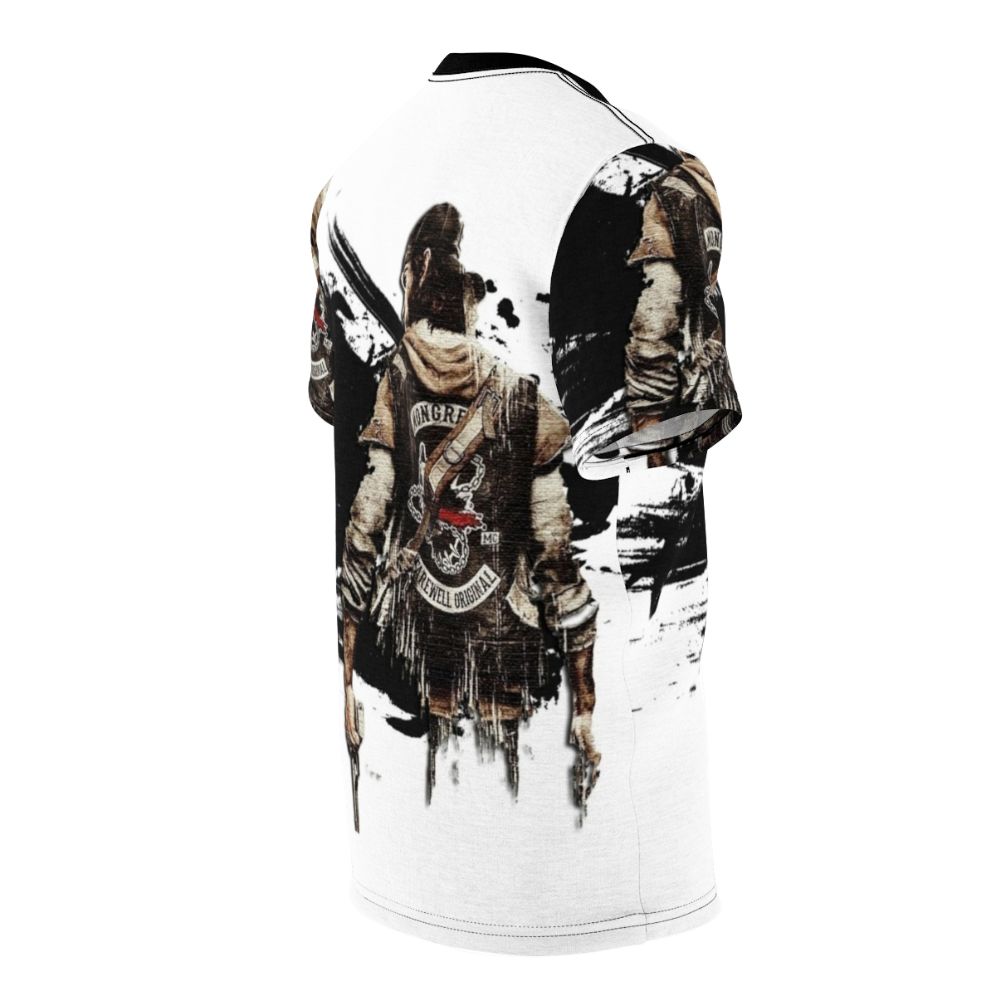 Stylized all-over-print t-shirt featuring the post-apocalyptic setting and characters from the video game Days Gone - men right