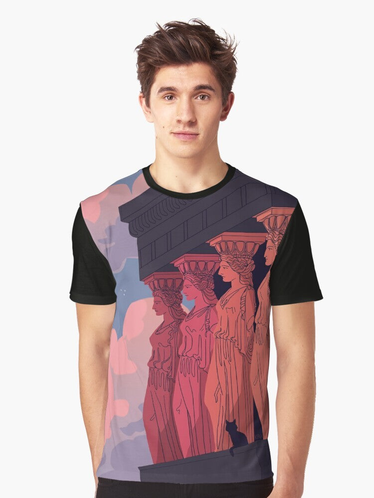 Graphic t-shirt featuring caryatids at dusk, an iconic element of ancient Greek architecture - Men