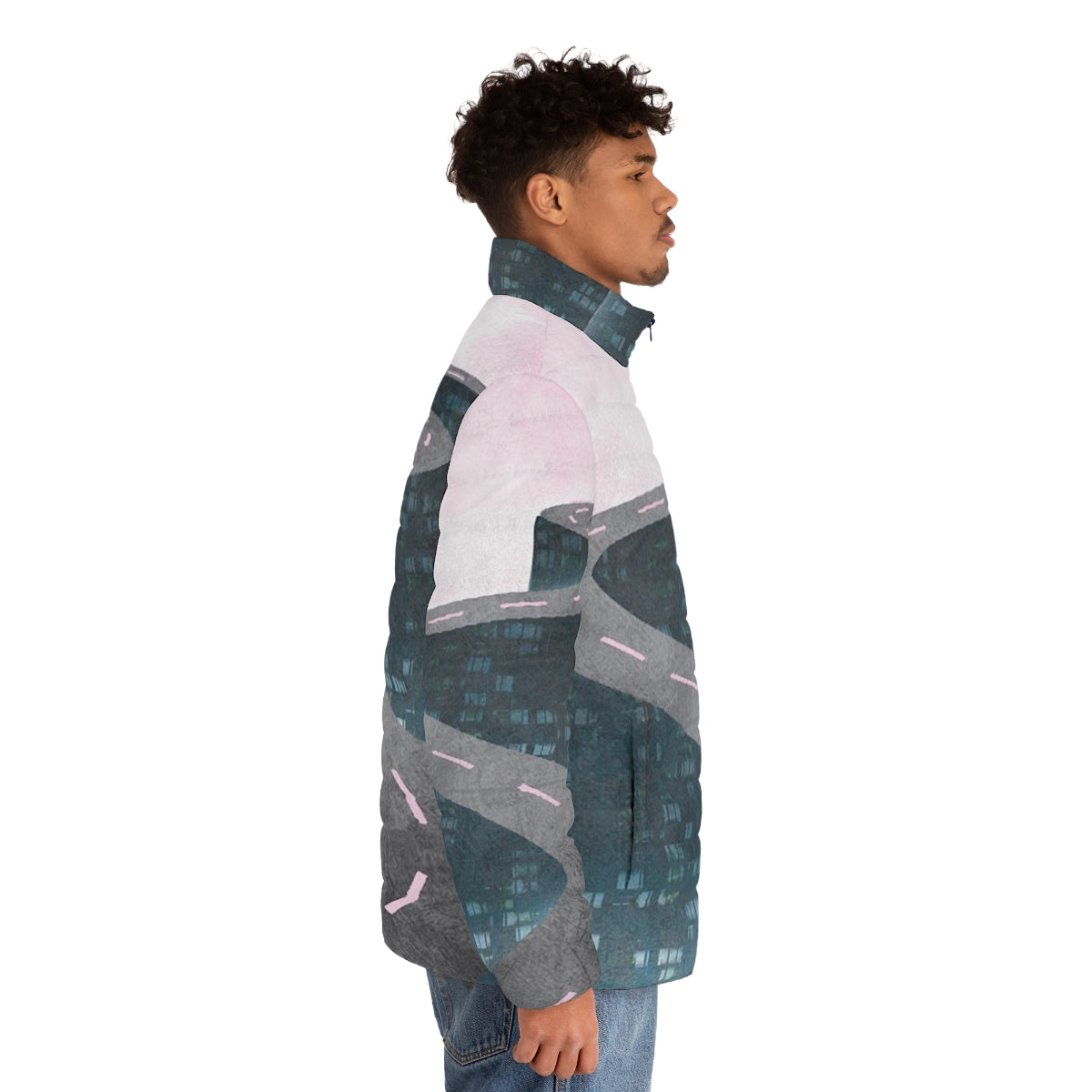 Retro futuristic "A Million Miles Away" puffer jacket with vaporwave and cyberpunk aesthetics - men side right