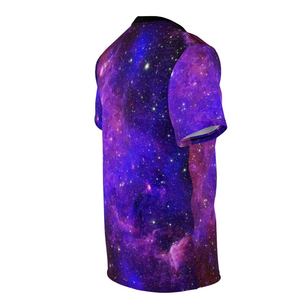 Vibrant cosmic galaxy design t-shirt with a colorful print of stars, nebulae, and other celestial bodies - men right