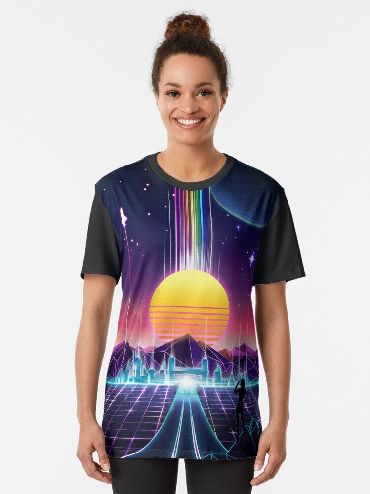 Neon Sunrise Graphic T-Shirt with Retro Vaporwave Design - Women