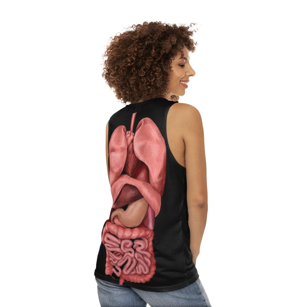 Unisex tank top featuring a watercolor illustration of the human internal organs - women back