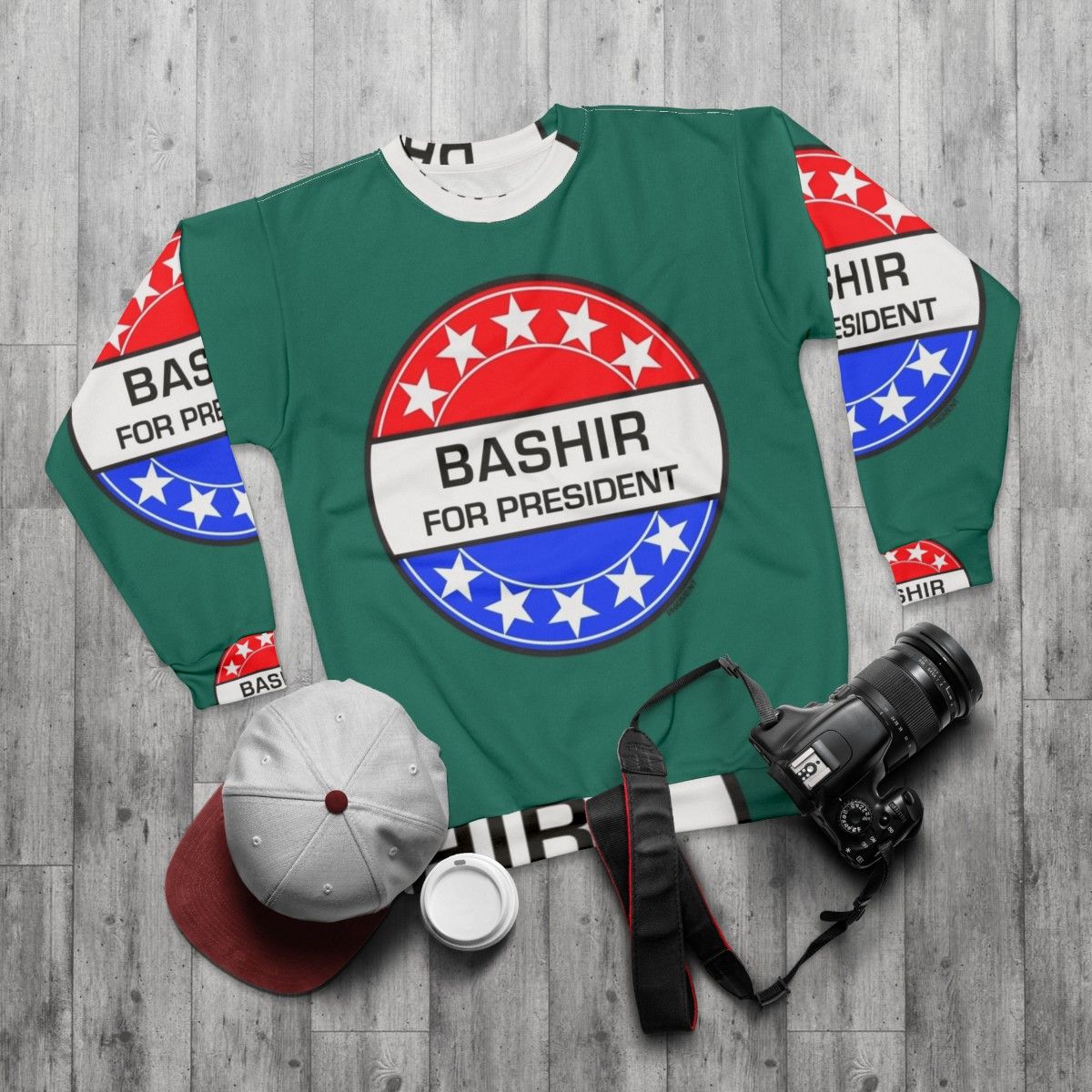 "Bashir For President" sci-fi sweatshirt featuring retro Star Trek pop art design - flat lay